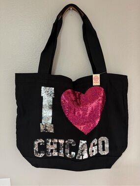 Victorias Secret PINK - I ❤️ Chicago - Love - Zip Top Tote Bag - XL - Sequin